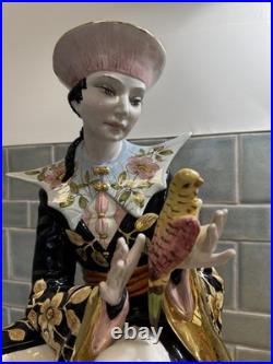 Huge Italian Porcelain Figure sculpture 25 Tall 14 Wide Asian Man With Bird
