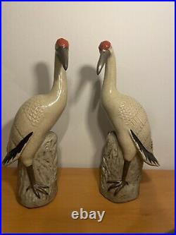 Impressive Large Chinese Red Capped Porcelain Cranes MINT Chinese Export