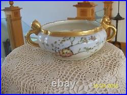 Jaeger & Co. Porcelain Double Handle Gilt Gold Hand Painted Ornate Bird Bowl