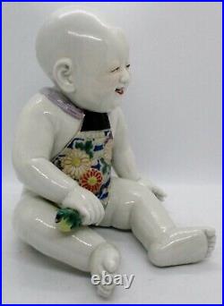 Japanese Okimono Imari Porcelain Polychrome Seated Boy with Bird Statue Maigi