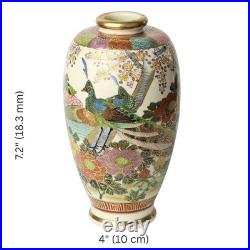 Japanese Satsuma Hand Painted Gold Gilt Peacock Vase Shimazu Crest Red Gold Mark