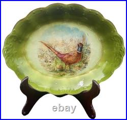 La Francaise Porcelain ANTIQUE Oval Pheasant Platter Green 13.75 Gilded Scallop