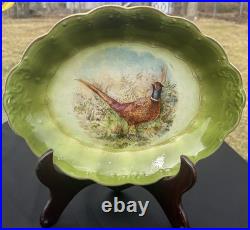 La Francaise Porcelain ANTIQUE Oval Pheasant Platter Green 13.75 Gilded Scallop