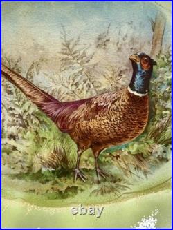 La Francaise Porcelain ANTIQUE Oval Pheasant Platter Green 13.75 Gilded Scallop