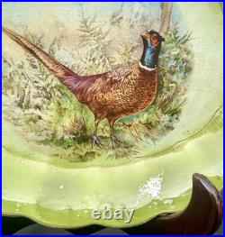 La Francaise Porcelain ANTIQUE Oval Pheasant Platter Green 13.75 Gilded Scallop