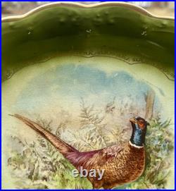 La Francaise Porcelain ANTIQUE Oval Pheasant Platter Green 13.75 Gilded Scallop