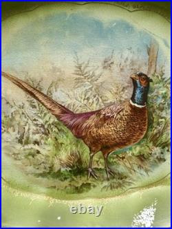 La Francaise Porcelain ANTIQUE Oval Pheasant Platter Green 13.75 Gilded Scallop