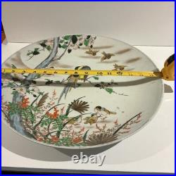 Large 18 Antique Japanese Kutani Porcelain Charger Hand-Painted Birds/Blossoms
