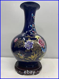 Large Beautiful Collectable Dark Blue Bird Flowers Chinese vase 24