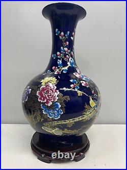 Large Beautiful Collectable Dark Blue Bird Flowers Chinese vase 24