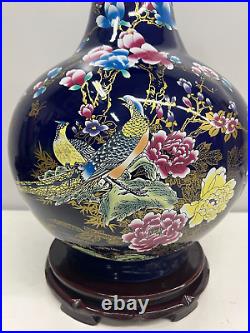 Large Beautiful Collectable Dark Blue Bird Flowers Chinese vase 24