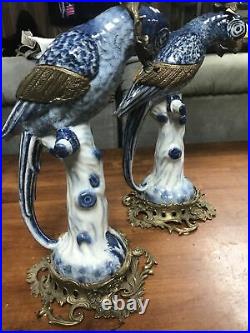 Large Exotic Castilian Bronze Blue Parrot Bird Porcelain Candle Statue Set of 2