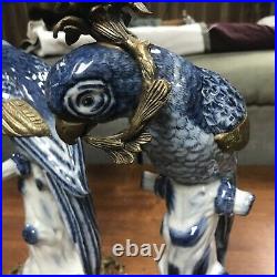 Large Exotic Castilian Bronze Blue Parrot Bird Porcelain Candle Statue Set of 2