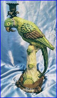 Large Exotic Castilian Bronze Green Parrot Bird Porcelain Candle Holder Statue