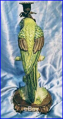 Large Exotic Castilian Bronze Green Parrot Bird Porcelain Candle Holder Statue