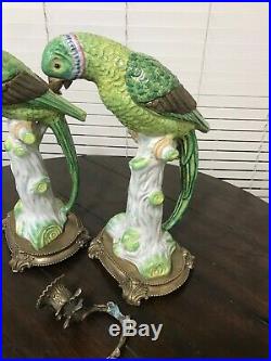 Large Exotic Castilian Bronze Green Parrot Bird Porcelain Candle Statue Set of 2