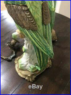 Large Exotic Castilian Bronze Green Parrot Bird Porcelain Candle Statue Set of 2
