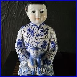 Large Vintage Blue and White Porcelain Shelf Sittters Chinoiserie Figurines