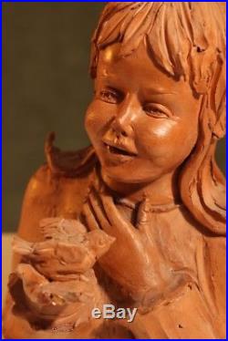 Laura PAOLETTI Ceramic Garden Statue Clay Sculpture Girl Bird Yard Art Signed