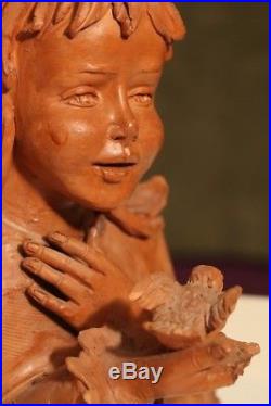 Laura PAOLETTI Ceramic Garden Statue Clay Sculpture Girl Bird Yard Art Signed