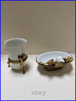 Lefton China White & Gold Bird Bath Hollywood Regency- Soap & Toothbrush Dish