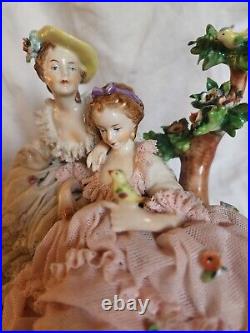 Lg. RARE Antique Unterweissbach German Dresden Lace 2 Girls withBird Figurine