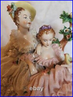 Lg. RARE Antique Unterweissbach German Dresden Lace 2 Girls withBird Figurine