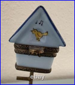 Limoges Blue Bird House On Stand Trinket Box Peint Main A. B