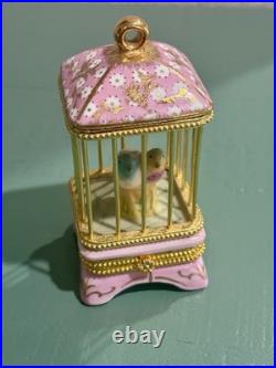 Limoges France Birdcage w Budgerigar Love Bird Parakeet Pair & Gold Trinket Box