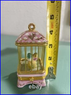 Limoges France Birdcage w Budgerigar Love Bird Parakeet Pair & Gold Trinket Box