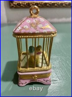 Limoges France Birdcage w Budgerigar Love Bird Parakeet Pair & Gold Trinket Box