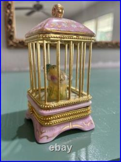 Limoges France Birdcage w Budgerigar Love Bird Parakeet Pair & Gold Trinket Box