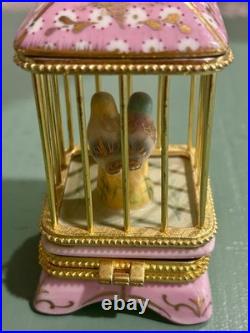 Limoges France Birdcage w Budgerigar Love Bird Parakeet Pair & Gold Trinket Box