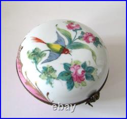 Limoges France Peint Main Pink Porcelain Rose & Bird Large Round Trinket Box 4