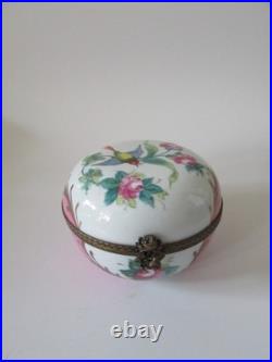 Limoges France Peint Main Pink Porcelain Rose & Bird Large Round Trinket Box 4