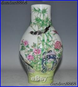 Marked Chinese Wucai porcelain flower bamboo bird statue Zun Bottle Pot Vase Jar