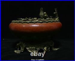 Marked Old China Antique Porcelain Inlay Brass Flower Bird Deer Pen wash Statue