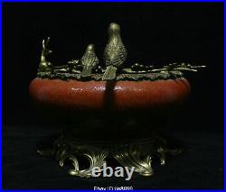 Marked Old China Antique Porcelain Inlay Brass Flower Bird Deer Pen wash Statue