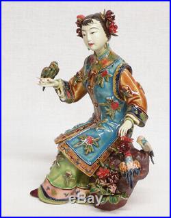 Master Chinese Wucai Porcelain pottery Ceramic Girl Figurine Birds Flower Statue