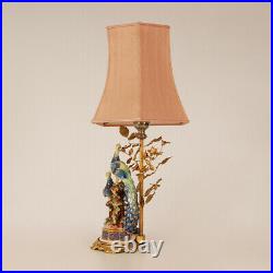 Mid Century Italian porcelain & gilt bronze table lamp bird figurine Peacock