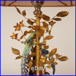 Mid Century Italian porcelain & gilt bronze table lamp bird figurine Peacock