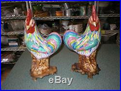 Mirror Pair Vtg Chinese FAMILLE Rose Porcelain Rooster Chicken Figurines Bases