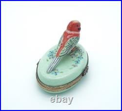 New French Limoges Trinket Box Colorful Parakeet Budgie Bird on Floral Box