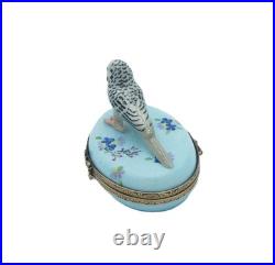 New French Limoges Trinket Box Cute Parakeet Budgie Bird on Beautiful Floral Box