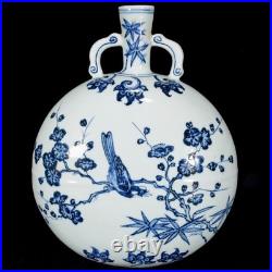 Nice Collectable Art Handmade Painting Blue White Porcelain Bird Flat Vase
