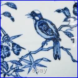 Nice Collectable Art Handmade Painting Blue White Porcelain Bird Flat Vase