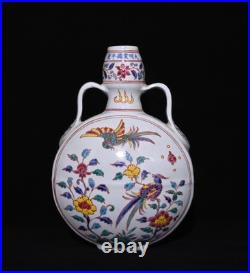 Nice Collectable Art Handmade Painting Five Colours Porcelain Bird Flat Vase