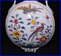 Nice Collectable Art Handmade Painting Five Colours Porcelain Bird Flat Vase