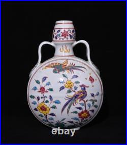 Nice Collectable Art Handmade Painting Five Colours Porcelain Bird Flat Vase