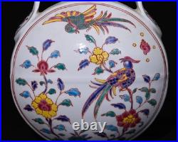 Nice Collectable Art Handmade Painting Five Colours Porcelain Bird Flat Vase